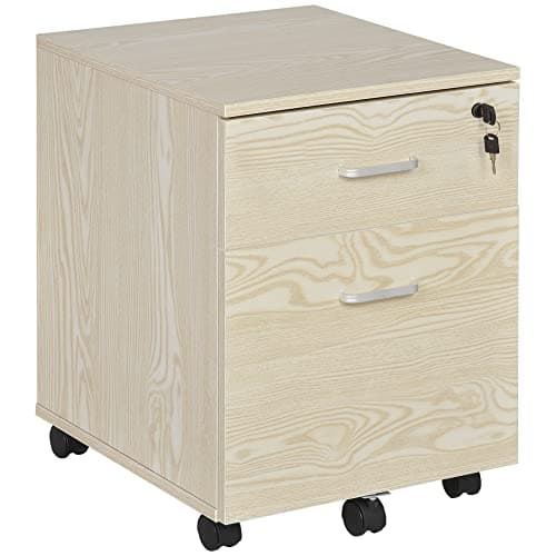 Image of Vinsetto 2-Drawer Locking Office Filing Cabinet w/ 5 Wheels Rolling Storage Hanging A4 Cupboard Home Organisation, Oak Wood Grain