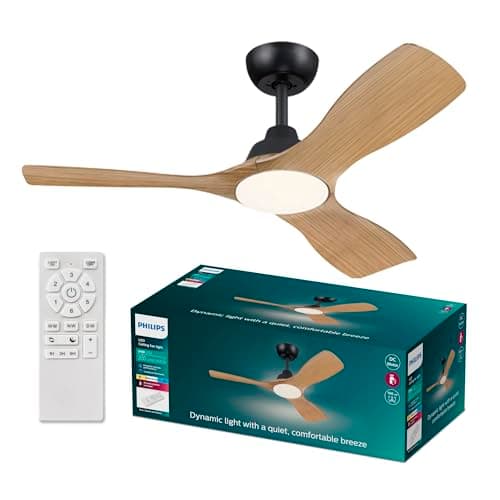Image of Philips Olas Ceiling Fan, 3 Blades, 24W LED Light, DC Motor, Color Temperature Range (3000K-4300K-6500K) with Dimmable Function, Remote Included, 42", Black and Wood