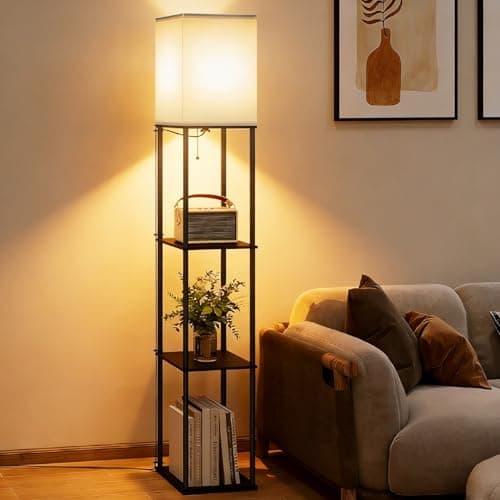 Image of PULUOMIS Floor Lamp, Floor Lamps with Shelves for Living Room, Tall Standing Lamps with Metal Frame and E27 Socket for Bedroom, Bulb Not Included, Black