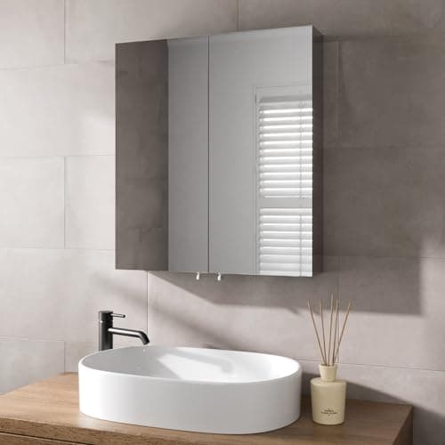 Image of Artis® 600 x 670mm Bathroom Mirror Cabinet Storage Wall Mounted Furniture Cupboard Fully Assembled Shelving Unit Double Mirrored Door, Slimline Stainless Steel