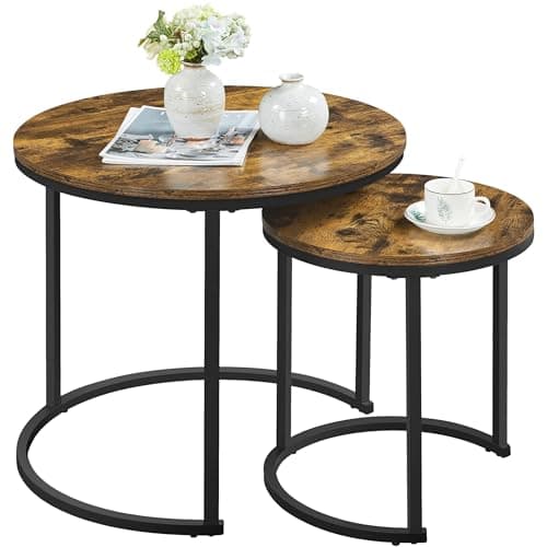 Image of Yaheetech Round Nesting Coffee Table Set of 2, Industrial Stacking Cocktail Sofa Side Table with Steel Legs for Small Space/Living Room/Bedroom, Rustic Brown, 60 x 60 x 50.5cm
