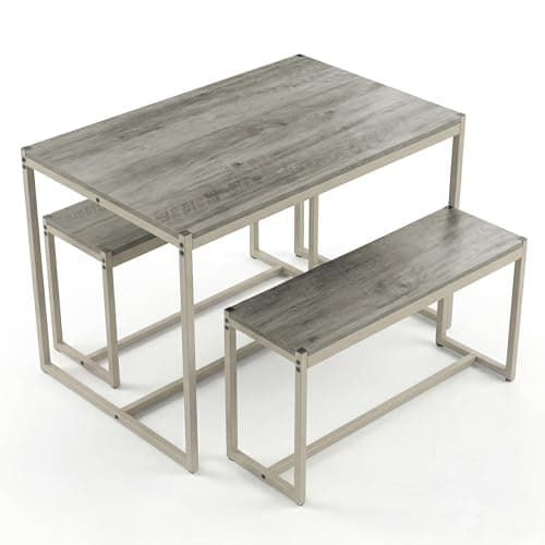 Image of Blisswood Dining Table with Bench Set 4, 110cm Space Saving Kitchen Table with 2 Benches for Small Spaces, Industrial Wood & Metal Dining Table Set for Home, Apartment & Dining Room (Grey)