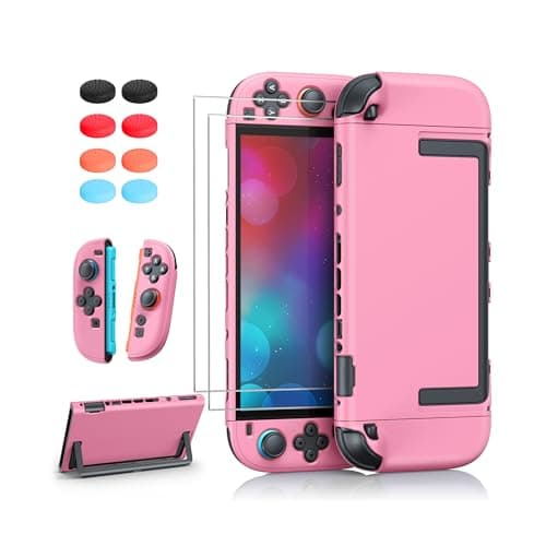 Image of FYOUNG Protective Case for Nintendo Switch 2 2025, Slim Hard Shell for Switch 2 Accessories, Scratch&Shock Protection Cover with Screen Protector, 8 Thumb Grip(Solid Black, Switch 2 7.9inch) (Pink)