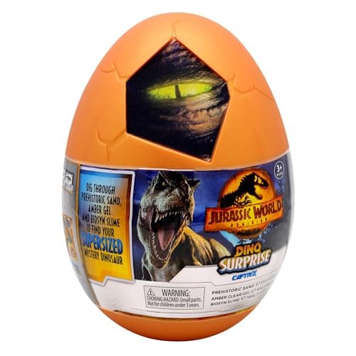 Image of Jurassic World CAPTIVZ DOMINION SURPRISE EGG. DOMINION MOVIE EXCLUSIVE SUPER SIZED POP N LOCK DINOS. SAND, AMBER SAP, BIOSYN LAB SLIME