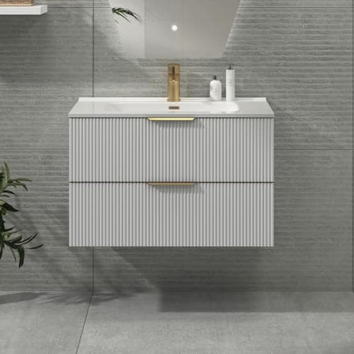 Image of Royal Bathrooms Evora 800mm Satin White Fluted Wall Hung Bathroom Vanity Unit 2 Drawer with Ceramic Basin & Brushed Brass Handle