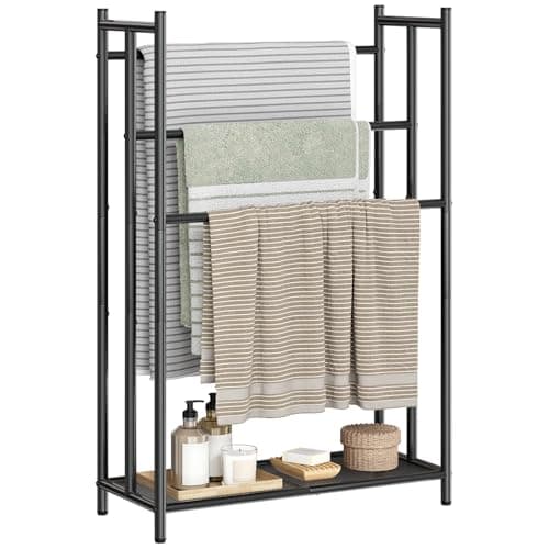 Image of HOOBRO Freestanding Towel Rail,65 L x 29 W x 100 H cm, 3-Tier Towel Rack with Bottom Mesh & Adjustable Feet, Multi-Purpose Towel Storage Organizer for Bathroom, Bedroom, Living Room, Black EBK09LB01