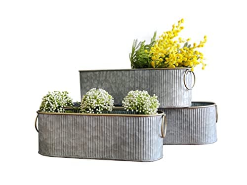 Image of Dipamkar Set of 3 Vintage Long Oval Galvanized Metal Garden Trough Planters Windowsill Box Herb Pots Indoor Outdoor Plant Pots
