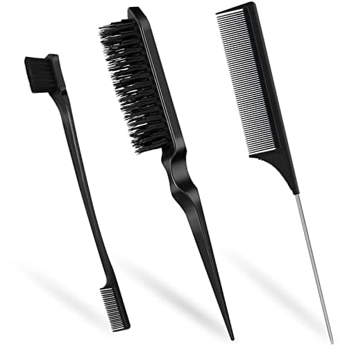 Image of Qufiiry 3Pcs Slick Back Hair Brush Set, Double-Sided Edge Brush, Hard Bristle Brush and Rat Tail Hair Comb, Teasing Hair Edge Brushing, Slicking Hair for Women Men Kids