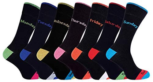 Image of 7 Pack Mens Black/Coloured Heel and Toe Days of the Week Novelty Cotton Socks (6-11 uk, Days of the Week)