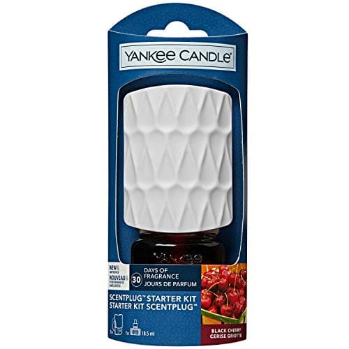 Image of Yankee Candle ScentPlug Starter Kit | Black Cherry Plug In Air Freshener | Up to 30 Days of Fragrance | White Organic Pattern | UK 3 pin plug