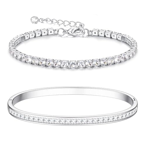 Image of Diamday Gold Bracelet for Women Silver Stacking Bangle Tennis Bracelet Set Stainless Steel Adjustable Cubic Zirconia Tennis Bracelets Dainty Bangle Waterproof Jewellery Gifts for Women A