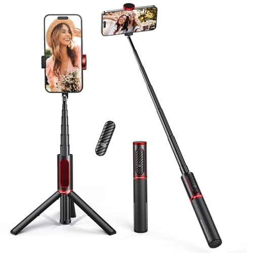 Image of ATUMTEK Selfie Stick Tripod, 3-in-1 Extendable Aluminum Phone Tripod with Detachable Bluetooth Remote, Compatible with iPhone 17/16/15/14/13/12/11/11 Pro/XS Max/XR and Samsung Smartphones, Red