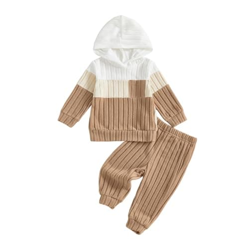 Image of Toddler Baby Boy Outfit Infant Autumn Winter Clothes Splicing Color Long Sleeve Hooded Sweatshirt Tops Trousers Boys Joggers Set Warm Jumpers (Khaki, 2-3 Years)