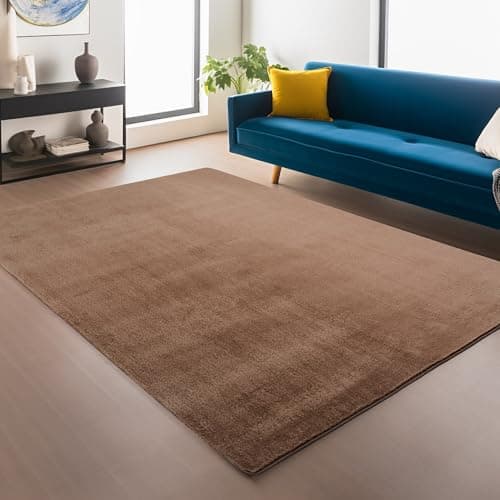 Image of Snuggly Plain Living Room Area Rug Super Soft Polyester Rug Cut Pile Anti-Slip Backing Machine Washable Modern Rug for Living Room Bedroom Hallway 9 Colours- Mocha- 80 x 120 cm (Rectangular)