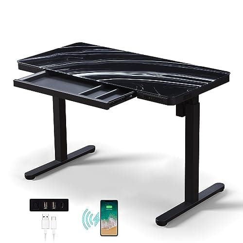 Image of kowo Height Adjustable Electric Standing Desk with Marble Effect Glass Black Desk with Drawers, USB C & Wireless Chargers, Sit Stand Electric Stand Up Adjustable Office Desk, 120 x 60cm