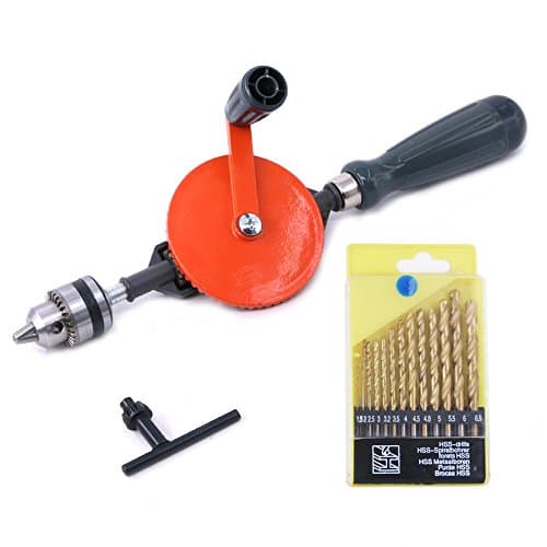 Image of Swpeet Powerful Speedy Hand Drill 1/4-Inch Capacity with 13Pcs Drill Bit Set, Mini Hand Drill Manual ¼ inch with Finely Cast Steel Double Pinions Design, Chucks and Grip Handle for Woods, Plastics