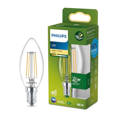 Image of Philips Classic Ultra-efficient LED Bulb with Energy Efficiency Class A, E14 Base, Replaces 40W, Clear, Warm White Light, Candle Shape, Pack of 1