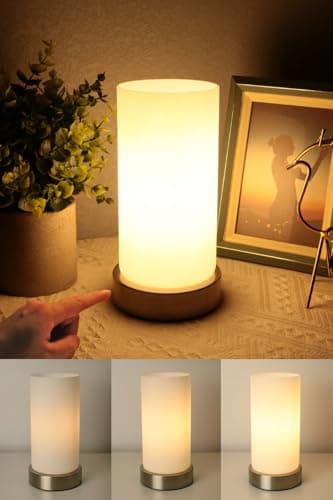 Image of HSLighting Bedside Lamps Touch Control Night Light with Silver Metal Base White Glass Shade 3-Level Dimmable Desk Lamp Minimalist Table Lamp for Bedroom Living Room Children's Room Decor