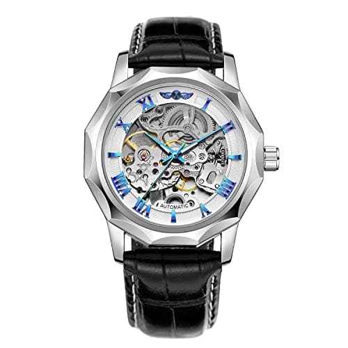 Image of FORSINING Men's Automatic Mechanical Dodecagon Watch Skeleton Roman Numeral Genuine Leather Band Tourbillon Wrist Watch, Silver Blue, Classic