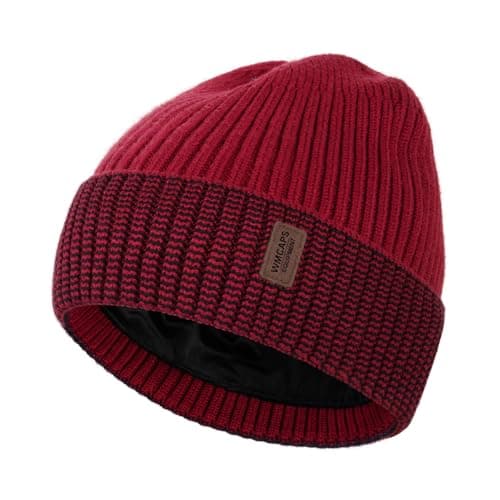 Image of Wmcaps Classic Knit Beanie - Unisex Winter Hat with Thermal Fleece Lining, Gifts for Men/Women/Dad (Red+Black)