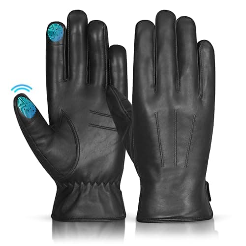 Image of Hand Fellow Men's Fashion Driving Black Leather Gloves Wool Cashmere Lining Fleece Touch Screen Compatible Outdoor Leather Driving Gloves Winter Warm Leather Glove (Original Black, Large)