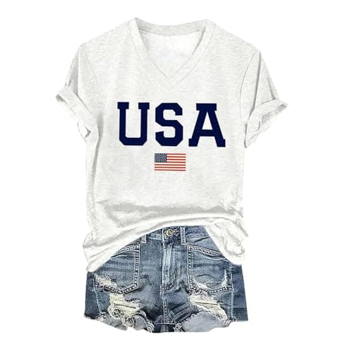 Image of American Flag T Shirt Women USA Star Stripes Fourth July Tee Shirts Casual Short Sleeve America Flag Print V Neck Tee Tops Plus Size(White,M)