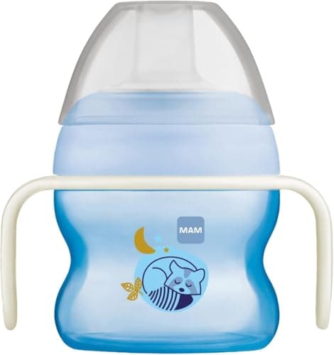 Image of MAM Starter Cup Glow-in-the-Dark Handles | 150ml | Suitable for 4+ Months | Training Sippy Cup to Encourage Independent Drinking | Baby Accessories | Blue (Various Designs)