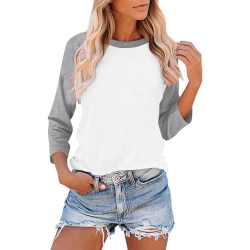 Image of 3/4 Sleeve T-Shirts for Women UK Fashion Colour Block Raglan Sleeves Baseball Tee Shirts Spring Summer Fall Tops Casual Loose-fit Crew Neck Tshirt Blouses Sale Order Fashion Womens Gray