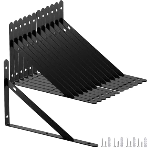 Image of MAKTSAM Set of 12 Heavy Duty Shelf Brackets, 10 Inch Wall Mounted Triangle Shelving Brackets with Mounting Hardware, Black Right Angle Shelf Support