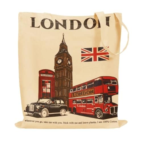 Image of MINIMARG Printed 100% Cotton Tote Bag Souvenir for Presents | London Canvas Gift Bag | Reusable UK Shopping Bag | Size 38x42cm+65cm long Handle (The London City)