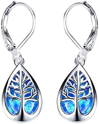 Image of 925 Sterling Silver Jewelry Exquisite Water Drop Blue White Fire Opal Life Tree Dangle Earrings For Women（blue）