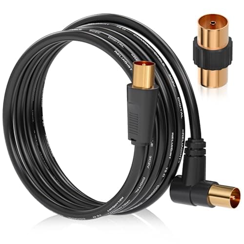 Image of RELIAGINT TV Aerial Cable 10m, 75 Ohm Coaxial Lead, IEC 9.5mm Male to Male 3C2V Pure Copper Dual Shielded, Right-Angle Connector, Female to Female Adaptor Included, Black