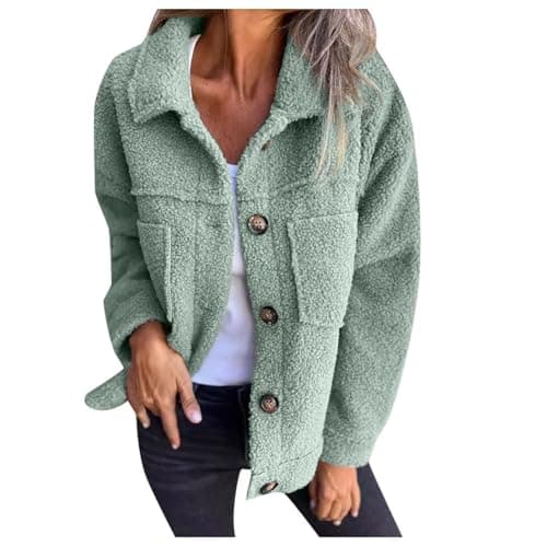 Image of Women's Warm Lapel Cropped Jacketsherpa Fleece Jacketlapel Button Down Sherpa Jacketlong Sleeve Faux Fur Coats Jacket Outerwear With Pockets u19