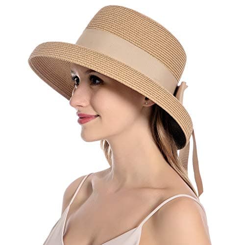 Image of Muryobao Womens Sun Straw Hat Summer UV Protection Travel Foldable Brim Bucket Hat Vintage Cloche Beach Fishing Cap, Khaki, One Size