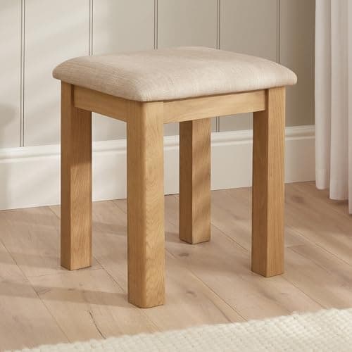 Image of The Furniture Market | Marbury Oak | Dressing Table Stool | Upholstered Natural Oatmeal Fabric Seat Pad | Light Whitewash Finish | Timeless Charm for Any Bedroom | H 500 x W 450 x D 400mm