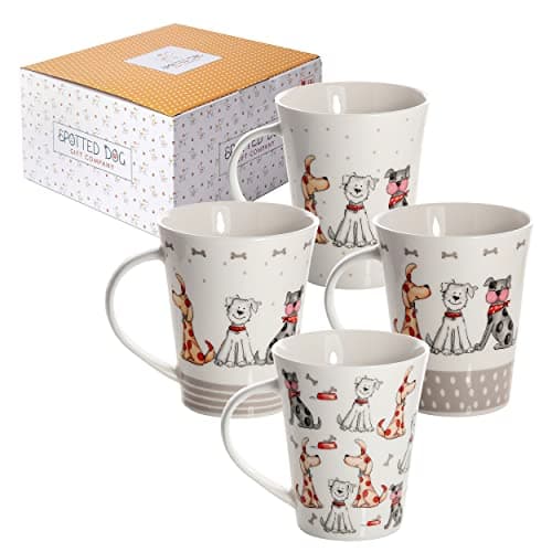 Image of SPOTTED DOG GIFT COMPANY Mugs Set of 4 Dog Mugs, Cute Ceramic Porcelain China Cups for Coffee and Tea, Microwave and Dishwasher Safe, Gifts for Dog Lovers Women Men 360ml