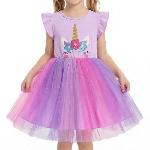 Image of DivingBirds Girls' Dresses Unicorn Dress for Girl Ruffled Tulle Tutu Kids Dress Summer Outfits Party Gifts Purple 6-7 Years