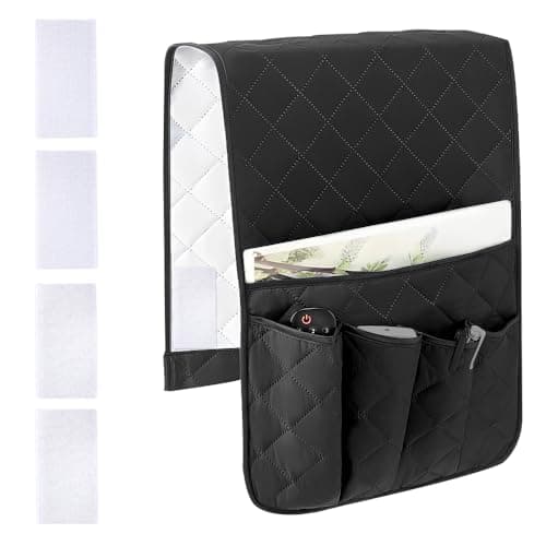 Image of RETON Sofa Armrest Organizer with 5 Pockets, Non Slip Sofa Remote Control Holder Armchair Caddy with 4 Pair of Hook and Loop Fasteners, Arm Chair Organisers for Magazine Book Remote Control (Black)