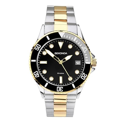 Image of Sekonda Wave Mens Watch – 39mm Sports Watch for Men with Black Dial, Rotating Bezel, Two-Tone Stainless Steel Bracelet and Date Window – 50m Water Resistant – 2 Year Warranty