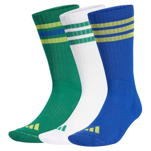 Image of adidas Unisex 3STRIPES CUSHIONED SPORTSWEAR CREW SOCKS 3 PAIR PACK, bold green/bold blue/bright yellow, 10.5-12.5
