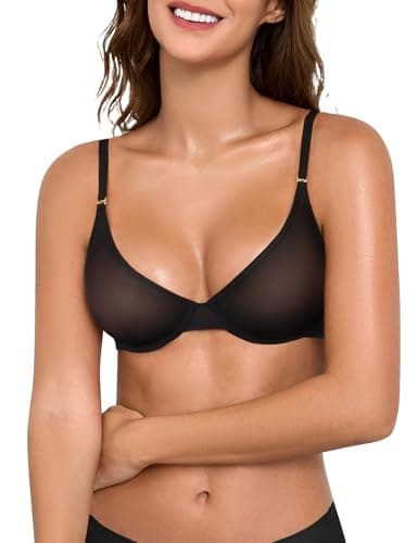 Image of Niwicee Women's Sheer Bra Unlined Plunge Underwired Mesh Demi See Through Sexy Bras for Small Breasts Deep V Everyday Bra Ultra Thin & Breathable (Black, 32B)