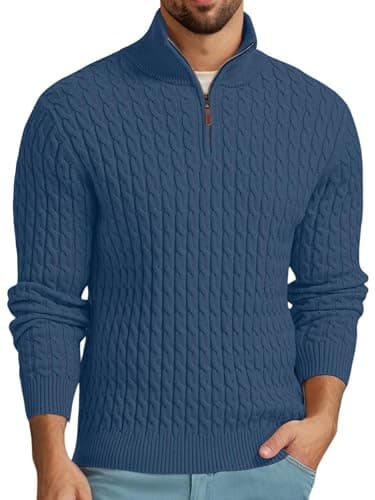 Image of QIXING Men's Cable Knit Jumper Quarter Zip Mock Neck Cable Pattern Sweater Soft Casual Tops with Ribbed Edges (Blue, XL)