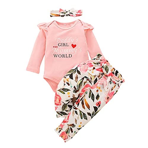 Image of Xumplo Newborn Baby Girls Clothes Daddy’s Girl Mommy’s World Letters Outfits Infant Girl Pink Floral Long Sleeve Romper 0-3 Months