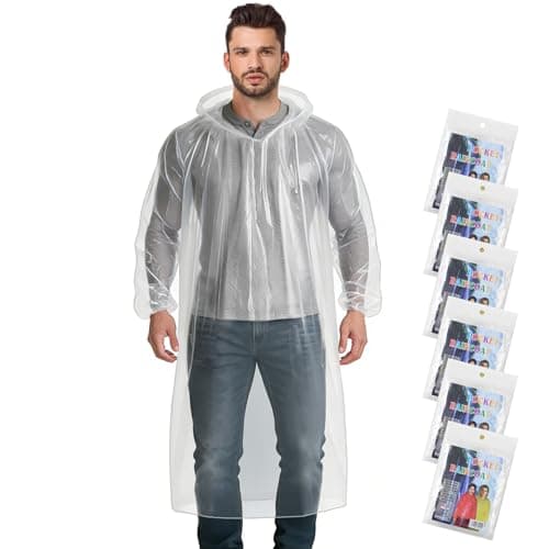 Image of Aolegoo 6 Pack Ponchos Waterproof with Sleeves and Drawstring Hood, Thickened Portable Adult Disposable Waterproof Poncho Ideal for Festival Waterproofing, Camping, Theme Parks
