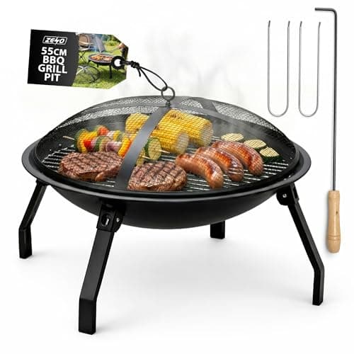 Image of ZENO Fire Pit BBQ Grill | Fire Pit With Cooking Grill And Mesh Lid | Firepit Outdoor Garden Patio Heater | Round Steel Fire Pits For Garden With Poker And Spark Guard | Fire Pits for Garden
