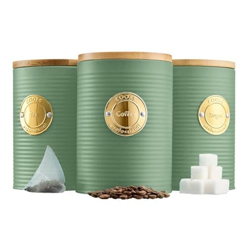 Image of Cooks Professional 3 Piece Ribbed Tea, Coffee, & Sugar Cannisters with Air-Tight Bamboo Lids | Stainless Steel Kitchen Storage Bin Set | Modern & Stylish | Green & Gold