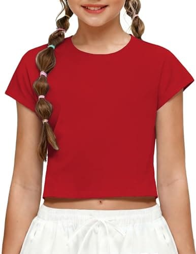 Image of Arshiner Girls Short Sleeve T-Shirts Summer Short Tops Kids Solid Color Sports Tees Fashionable Round Neck Top Casual Loose Shirts Girls Clothing Red 11-12 Years
