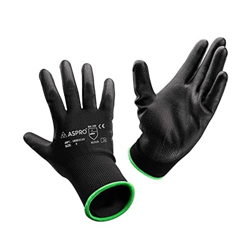 Image of ASPRO 10 Pairs Work and Gardening Gloves - Black Nylon PU Coated Workwear Gloves for Builder, Gardener, Mechanic, Construction, Warehouse etc Size 10 (XL)