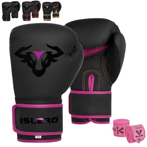 Image of Islero EVO Fitness Matte Black Boxing Gloves Men Punch Bag Women Pink MMA Muay Thai Martial Arts Kick Boxing Sparring Training Fighting Gloves With Hand Wraps (10 OZ, Pink)
