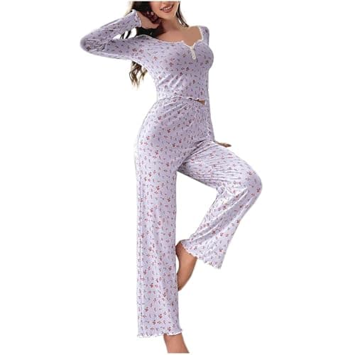 Image of Floral Pjs Sets for Women Soft 2 Pieces Pyjamas Set Long Sleeve Button V Neck Cropped Tops and Pants Sleepwear Flower Print Pyjamas Set Comfty Pajamas Cotton Classic Pj Set Ladies Clearance